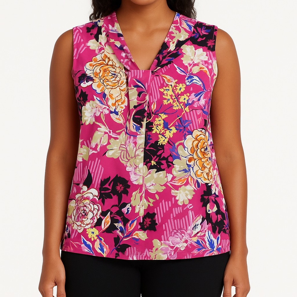 DANA BUCHMAN Pink Floral Knotted V-Neck Sleeveless Blouse‎ Size Med Liquid Knit
